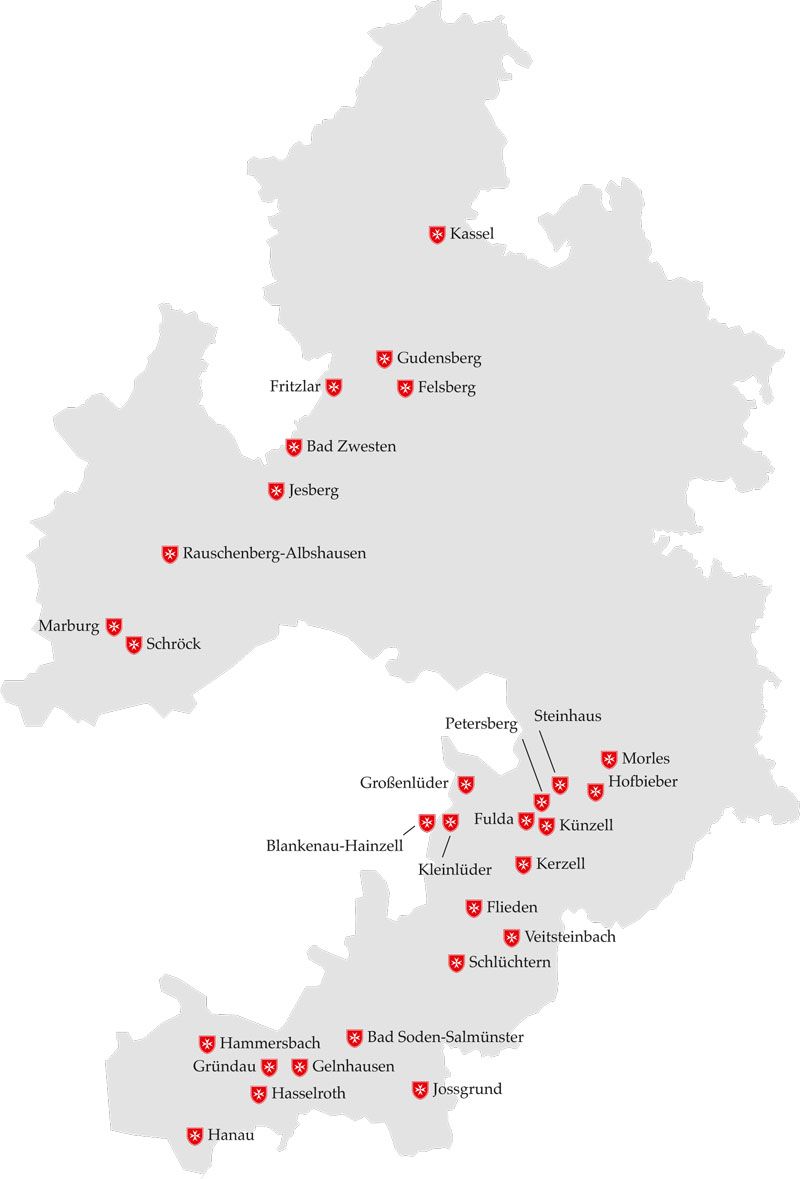 Übersichtskarte der Malteser-Standorte im Bistum Fulda