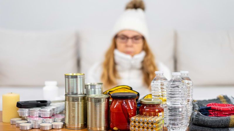 Eine Frau in Winterkleidung vor einem Tisch, auf dem Lebensmittelvorräte stehen.