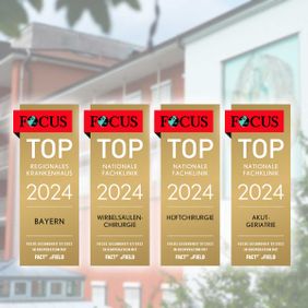 Vier goldene FOCUS-Siegel 2024 für Top-Krankenhaus und Fachkliniken in Bayern, Wirbelsäule, Hüfte und Akut-Geriatrie.
