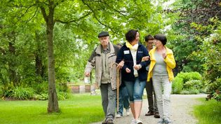 Eine Gruppe spaziert durch einen Wald.