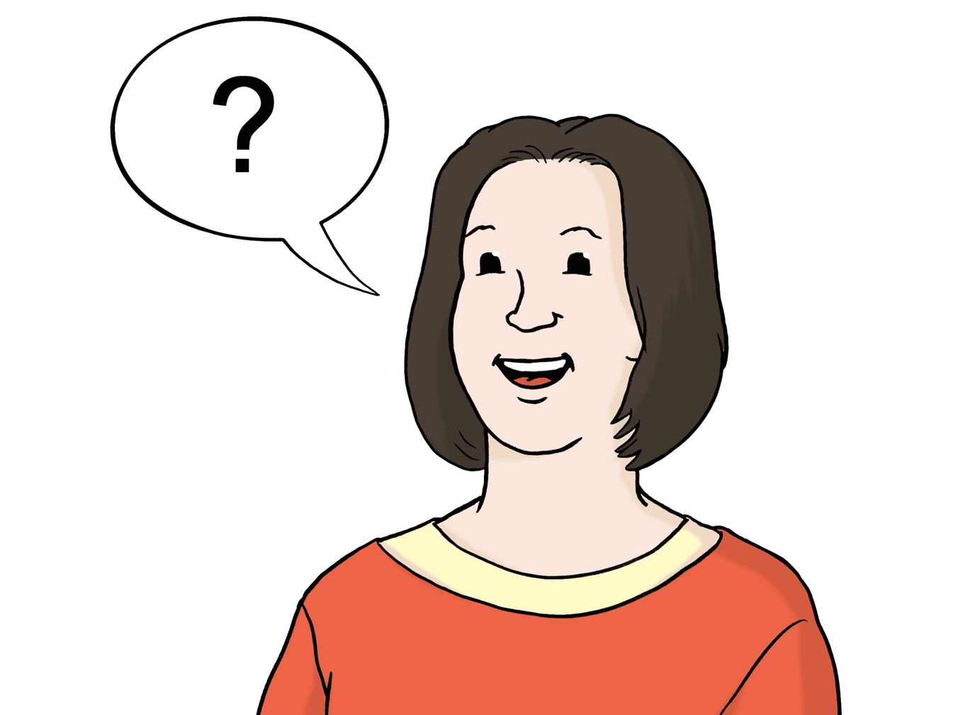 Eine Frau im orangen Pullover, von der nur Schultern und Kopf sichtbar sind, mit einer Sprechblase mit Fragezeichen neben sich.