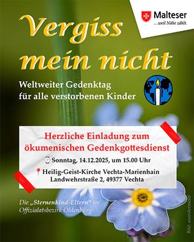 Veranstaltungsplakat mit Vergissmeinnicht-Blumen und Kerze