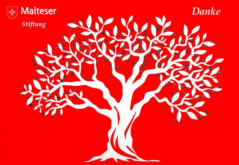 Grafik des Stiftungsbaum: Weißer Baum auf rotem Hintergrund