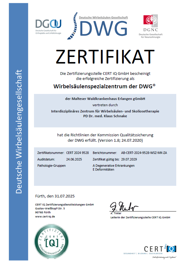 Zertifikat der DGW für das Wirbelsäulenspezialzentrum des Malteser Waldkrankenhaus St. Marien in Erlangen.