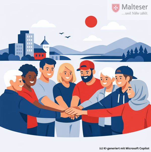 Menschen stehen im Halbkreis, die Hände aufeinander gelegt, dahinter eine Stadt, See, rote Sonne und Vögel (Grafik)