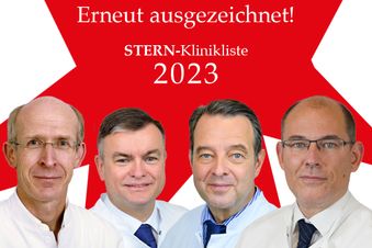 Vier Ärzte vor rotem Stern, Text: „Erneut ausgezeichnet! STERN-Klinikliste 2023“.