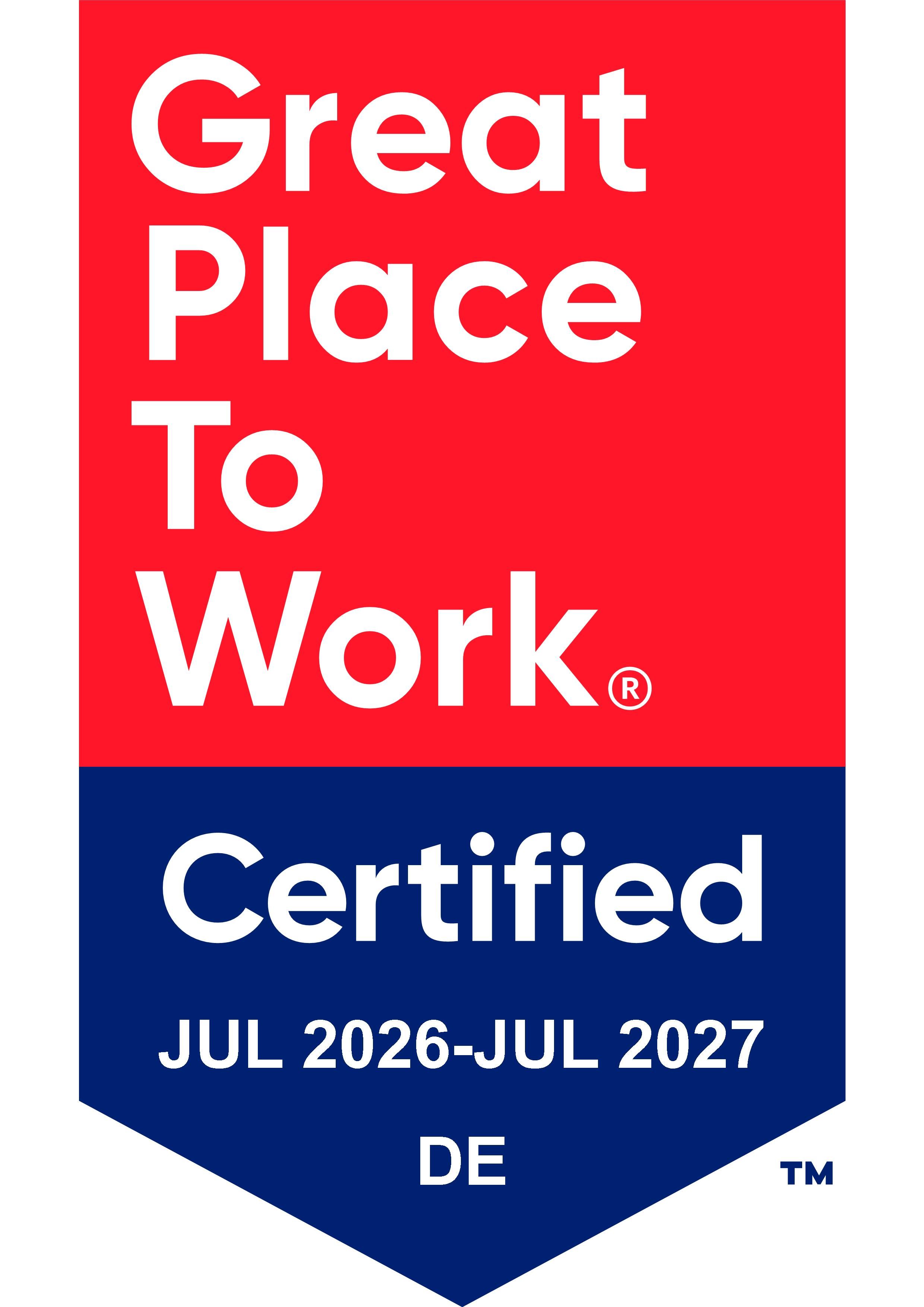 Zertifikat in rot und blau mit dem Text "Great Place to Work. Certified JUL 2026 - JUL 2027 DE.