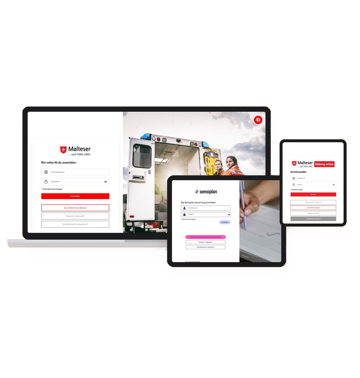 Lernplattformen retter-fit.de, Sensiplan und Malteser Bildung online auf verschiedenen Geräten