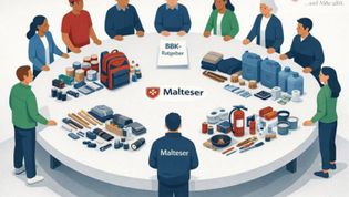 Grafik: Menschen und ein Mann in Malteserkleidung stehen um einen runden Tisch, in der Mitte das Malteser Logo, darum herum Gegenstände, die in Krisen wichtig sind.