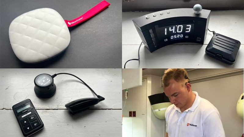 Eine Bildercollage, auf der ein Melder mit einem Vibrationskissen, ein weißes Vibrationskissen, ein Spezialstethoskop für den Einsatz mit Cochlea-Implantat und ein junger Mann in einem RTW zu sehen sind.
