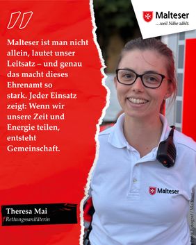 Auf dem Foto ist eine Helferin zu sehen, neben einem persönlichen Zitat über ihr Engagement bei den Maltesern