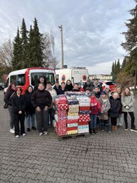 Die Kinder- und Jugendgruppe posiert hinter der Palette, auf die sie die 117 Schuhkartons gestapelt haben