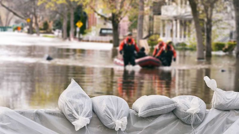 Sandsäcke schützen eine Strasse vor Hochwasser.