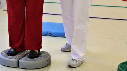 Zwei Personen in Therapieraum, eine steht auf Balancekissen, die andere in Weiß daneben auf dem Boden.