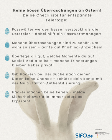 Das Bild zeigt eine österlich gestaltete Checkliste für IT-Sichere Feiertage.