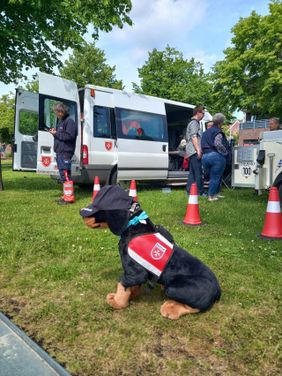 Ein Stofftier-Hund vor den Fahrzeugen der Malteser Rettungshundestaffel Bramsche