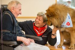 Besuchshund mit Helferin und besuchter Senior 