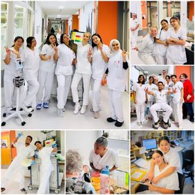 Collage mit Pflegekräften in weißer Kleidung bei der Arbeit und im Gruppenfoto auf einer Krankenhausstation.