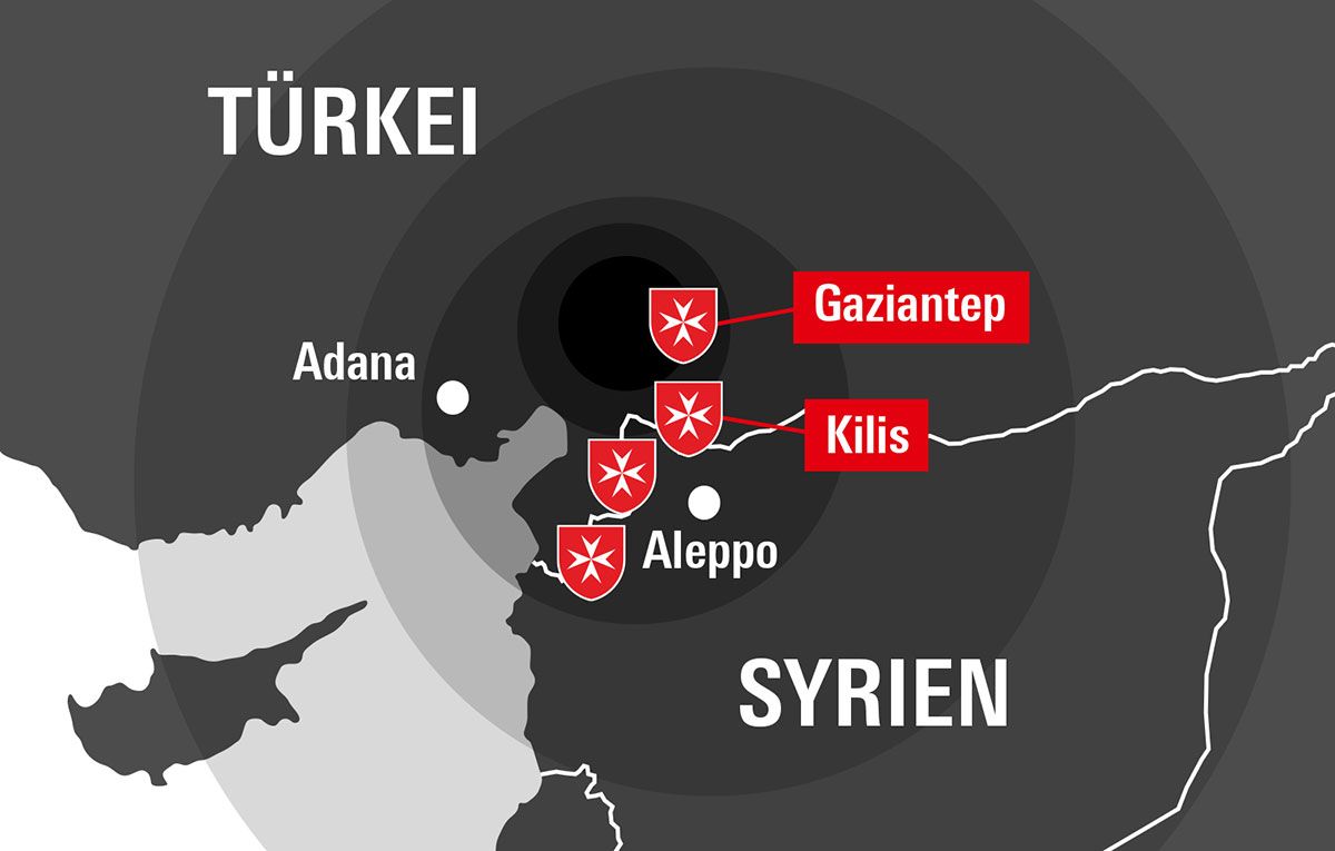 Karte der Malteserstandorte im Erdbebengebiet