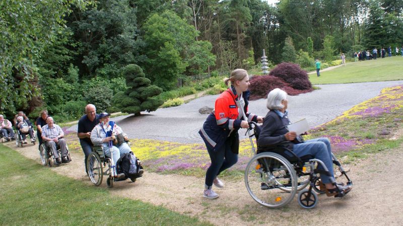 Rollstuhlfahrerinnen und Rollstuhlfahrer werden in durch einen Park geschoben.