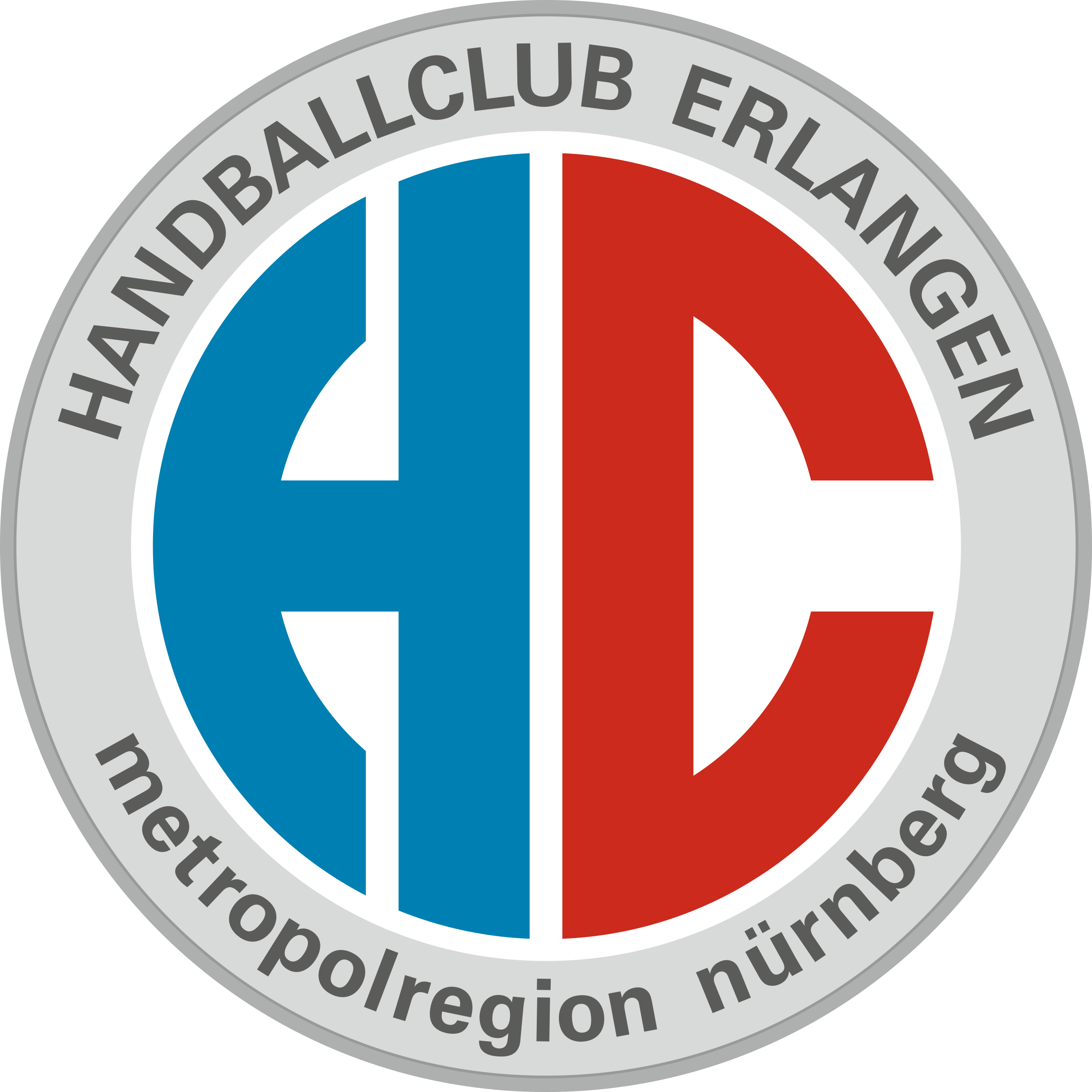 Logo des Handballclub Erlangen mit stilisierten Buchstaben H und C in Blau und Rot umgeben von Ring mit Schriftzug des Vereins.
