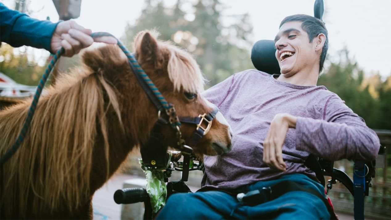 Ein Mann im Rollstuhl mit einem kleinen Pony.