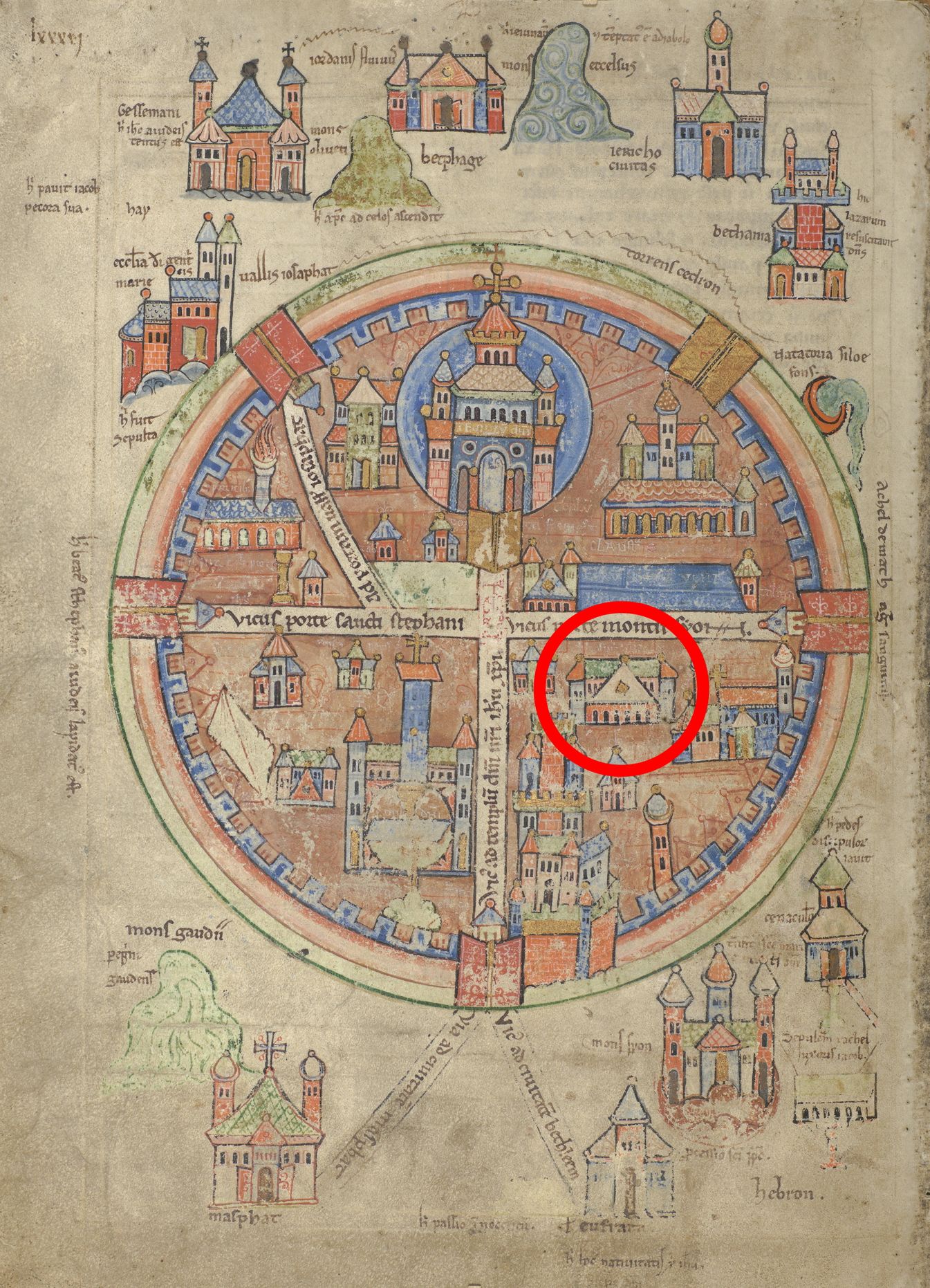 Zeitgenössische Karte Jerusalems mit dem Hospital | Robertus Monachus, um 1180 | Uppsala universitetsbibliotek, Ms. C 691, fol. 39v | © Bild: Uppsala universitet / gemeinfrei