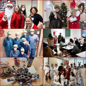 Collage mit Weihnachtsaktionen im Krankenhaus mit verkleideten Personen, OP-Team, Schulklasse und Lebkuchen.