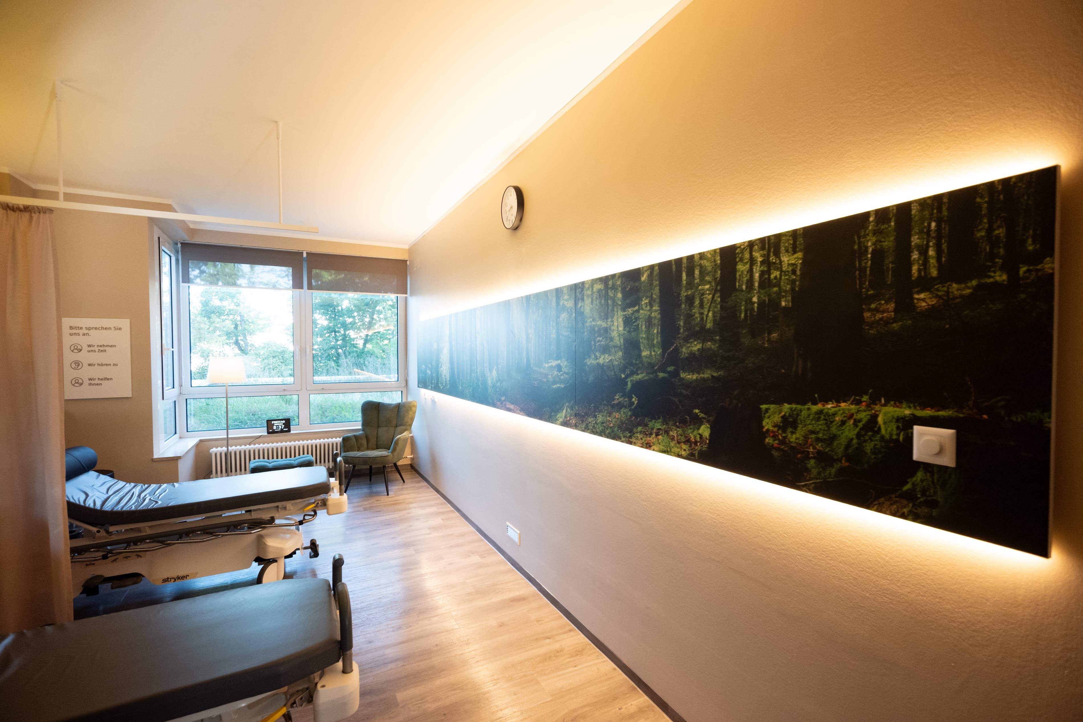 Heller Krankenhausraum mit zwei Betten und einem großen Waldbild an der Wand..