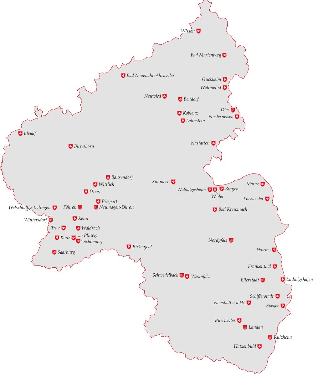 Ansicht einer Karte von Rheinland-Pfalz mit markierten Standorten von Malteser-Dienststellen.