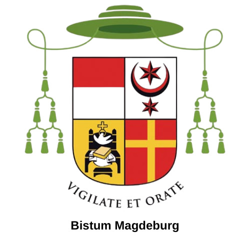 Wappenschild mit grünem Hut, rotem Quadrat, rotem Halbmond mit Stern, schwarzem Thron mit Buch und rotem Kreuz auf gelbem Grund.