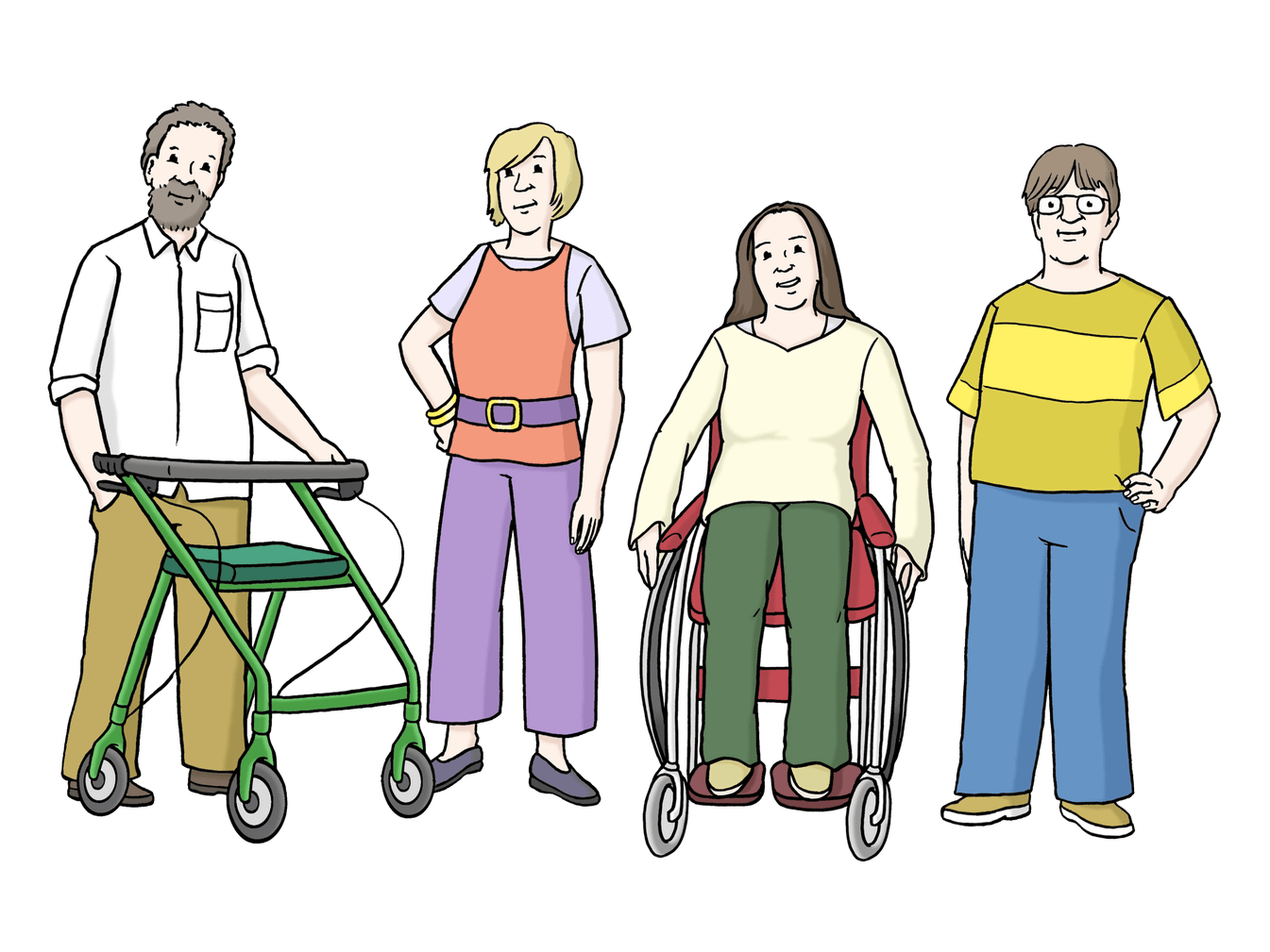 Vier Menschen stehen nebeneinander: von links nach rechts: Ein Mann mit Rollator, eine stehende Frau, eine Frau im Rollstuhl und ein stehender Mann