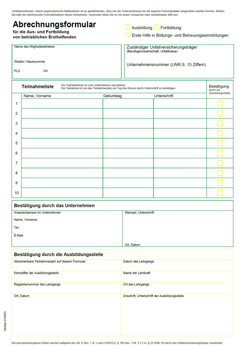 Abrechnungsformular für die Aus- und Fortbildung von betrieblichen Ersthelfenden