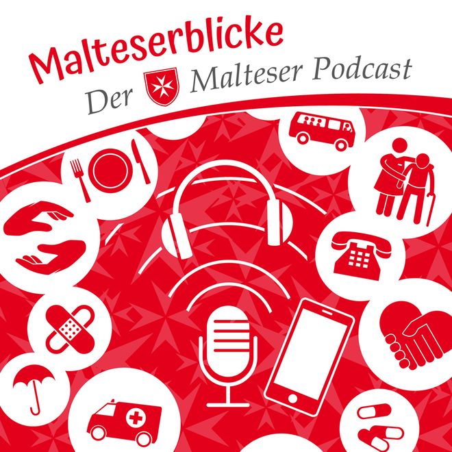Eine weiß-rote Grafik mit Icons rund um Podcast ist zu sehen. Darüber steht Malteserblicke - Der Malteser Podcast.