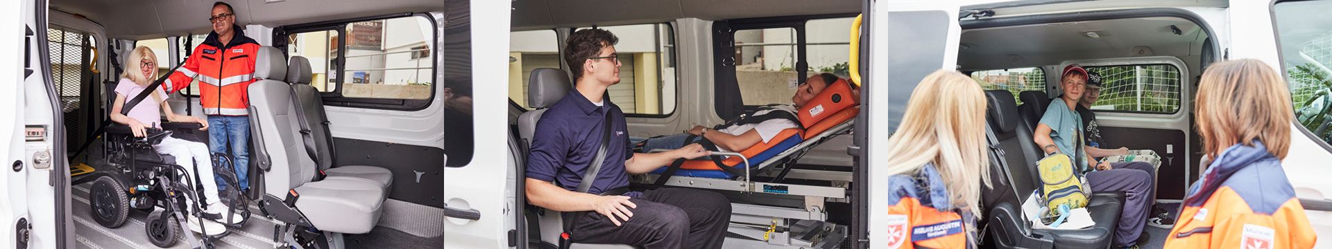Drei Fotos von Beförderungen im Fahrdienst, eine Dame im gesicherten Rollstuhl, ein begleiteter Patient bei einer Liegendfahrt und Fahrgäste, die normal sitzen können