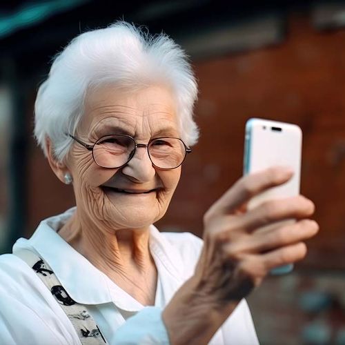 Eine alte Frau hält ein Smartphone vor ihr Gesicht.
