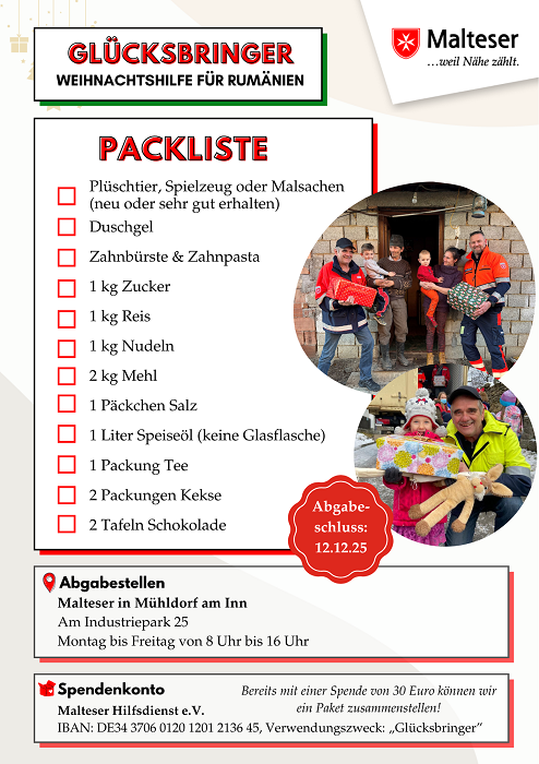 Das Bild enthält die Packliste und weitere Informationen zur Glücksbringer-Aktion.