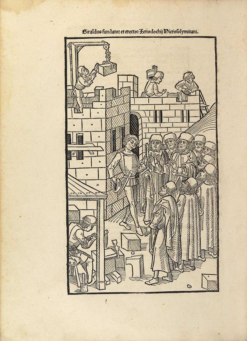 Gerhard beaufsichtigt den Bau des Hospitals | Guillaume Caoursin, Stabilimenta Rhodiorum militium, Ulm 1496 (Venedig/Paris 1495), fol. 15v | Universitätsbibliothek Graz, Ink. II 9968 | © Bild: Universität Graz