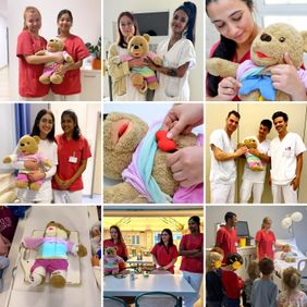 Collage mit Klinikpersonal, Kindern und einem Teddybär bei spielerischen Untersuchungen im Krankenhaus.