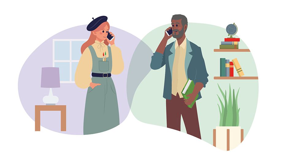 Illustration zum Malteser Plaudernetz: Ein Mann und eine Frau sind an unterschiedlichen Orten und telefonieren miteinander.