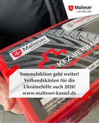 Alle Jahre bewerben wir die Sammlung von Auto-Verbandkästen und Verbandmaterial (auch abgelaufen).  Schaut doch bitte nach! Unterstützt in Kassel unsere Auslandshilfe, denn Verbandmaterial und Kompressen haben ein Verfallsdatum, weil sie steril verpackt sind. Ab Februar 2023 gelten für den Verbandskasten im Auto auch neue Regeln. 