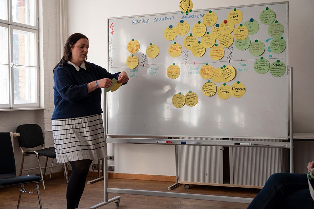 Eine Clara Hüttenbrink-Marku steht vor einem Whiteboard, das mit verschiedenfarbigen, runden Notizzetteln in Clustern beklebt ist. Die Person hält einen Zettel in der Hand und scheint den Inhalt des Boards zu präsentieren oder zu besprechen