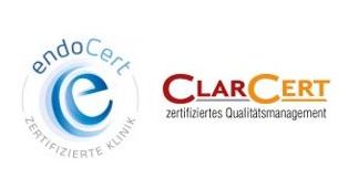 Logos von EndoCert „Zertifizierte Klinik“ und ClarCert „zertifiziertes Qualitätsmanagement“