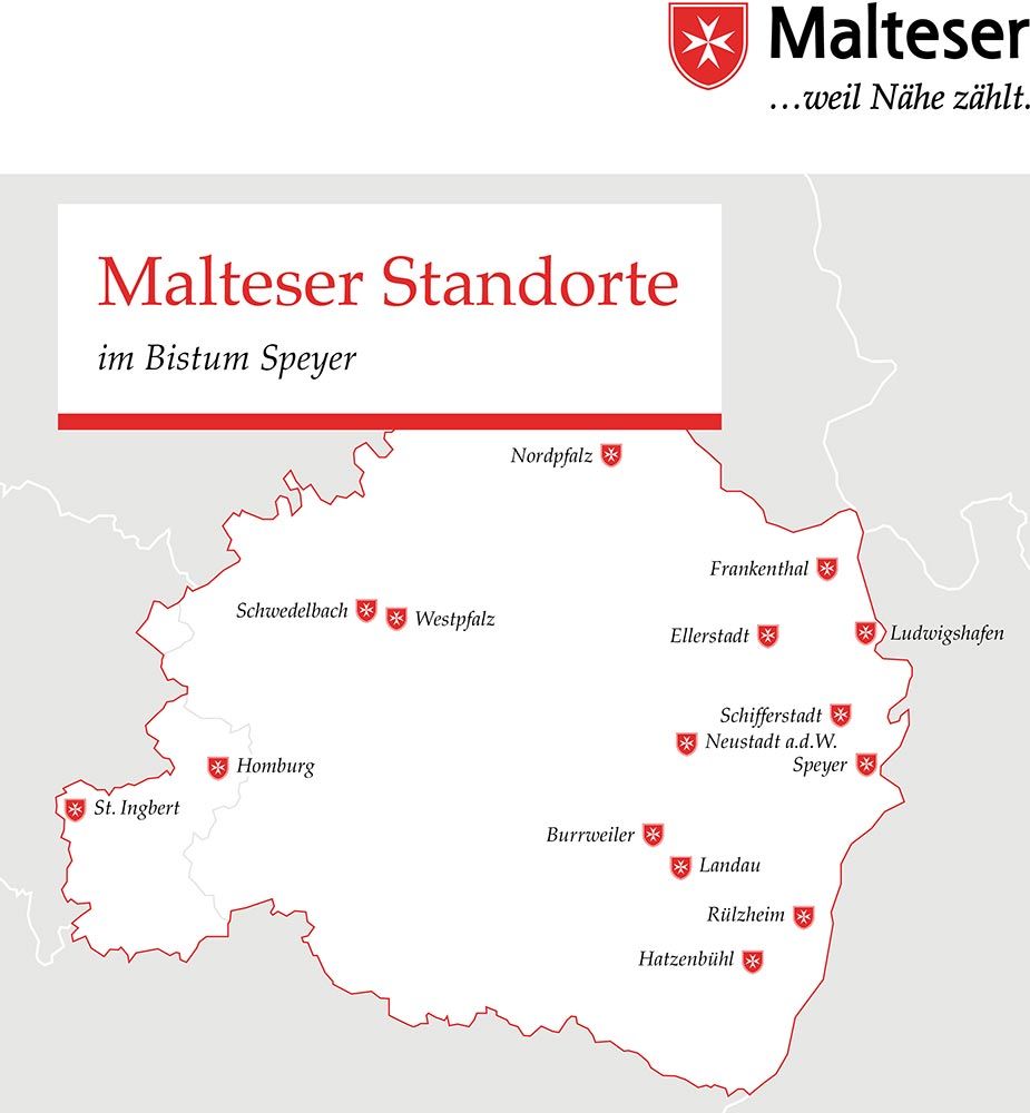 Vereinfachte Darstellung einer Standortkarte mit den Standorten der Malteser im Bistum Speyer