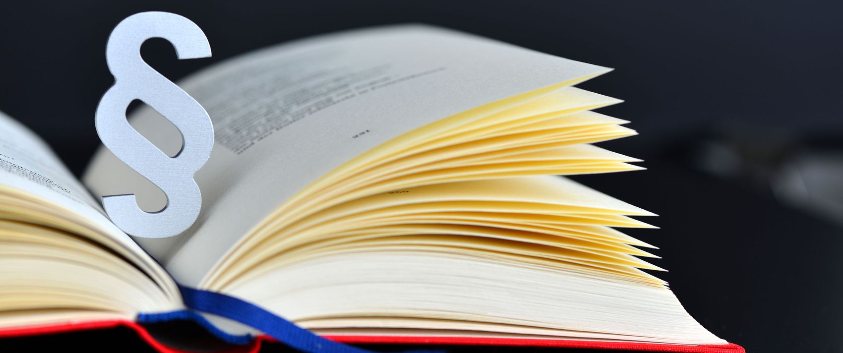 Ein aufgeschlagenes Buch mit großem Paragrafenzeichen zwischen den Seiten.