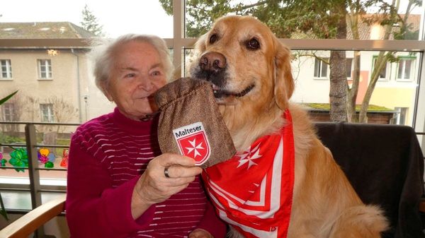 Eine ältere Frau sitzt mit einem Golden Retriever mit rotem Halstuch auf einem Sessel.