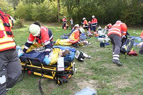 Auf einer Wiese liegt eine Person auf einer Trage, während mehrere Einsatzkräfte in Schutzkleidung die Versorgung übernehmen. Im Vordergrund steht eine Fahrtrage mit Ausrüstung, im Hintergrund sind weitere Einsatzkräfte und Personen zu sehen.