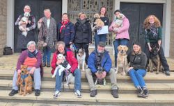 10 Mensch-Hund-Teams vom Malteser Hilfsdienst e.V. Neustadt sitzen auf einer Treppe (Quelle: Malteser Neustadt)
