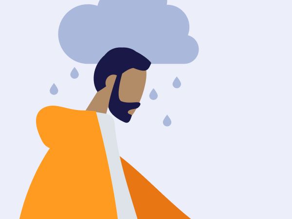 Skizze eines Mannes mit einer regnerischen Wolke am Kopf