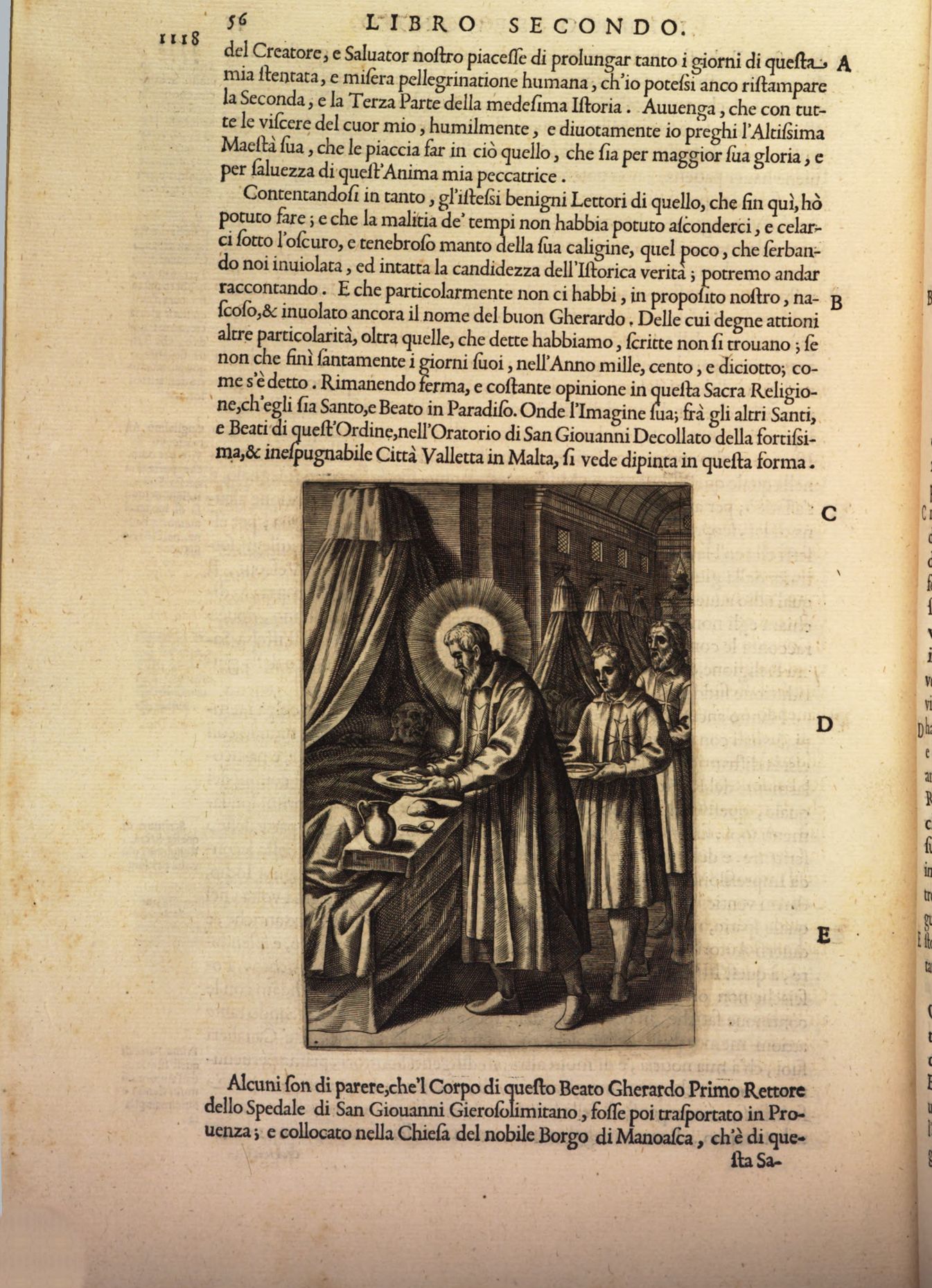 Gerhard bei der Krankenpflege im Hospital | Giacomo Bosio, Dell‘istoria della sacra religione et illustrissima militia di San Giovanni Gierosolimitano, Bd. 1, Rom ²1621, 56 | © Bild: Bayerische Staatsbibliothek / gemeinfrei